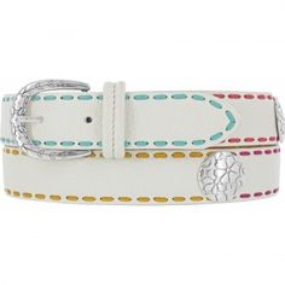 Brighton White Leather Belt with Multicolor Stitching and Silver Concho